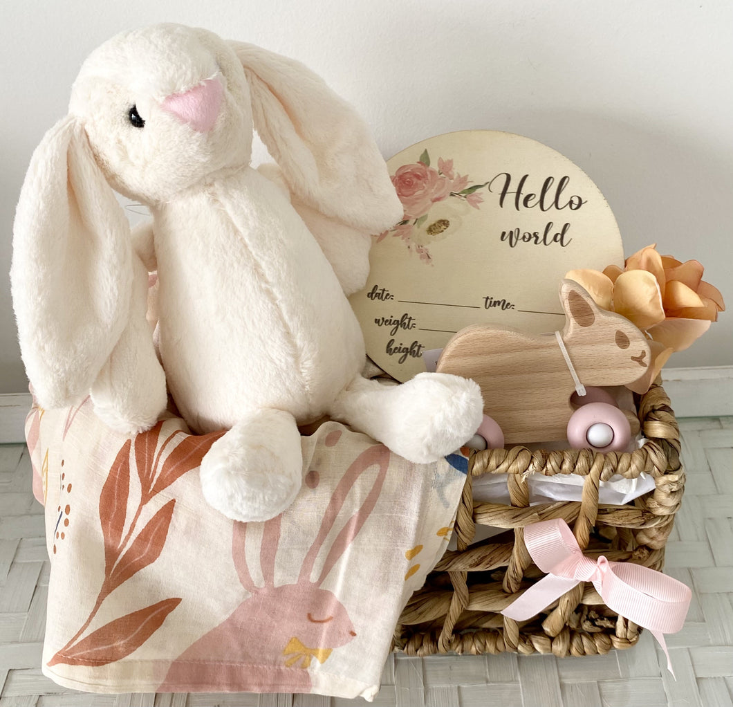 Bunny Baby Girl Shower Gift Basket Hamper Large