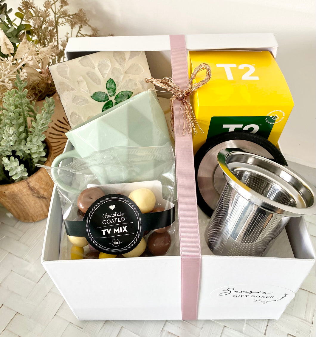 Tea, Coaster, Strainer, Mug chocolate Set Gift Box Hamper Large Thank You, Birthday, Get Well